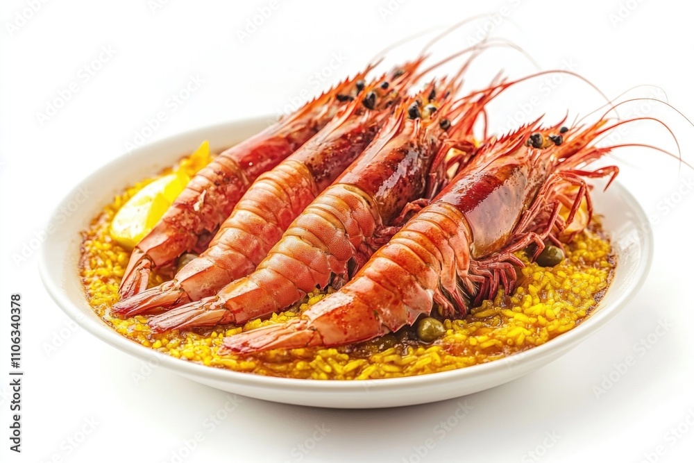 A plate of cooked shrimp served with rice, accompanied by a lemon wedge A plate of cooked shrimp served with rice, accompanied by a lemon wedge