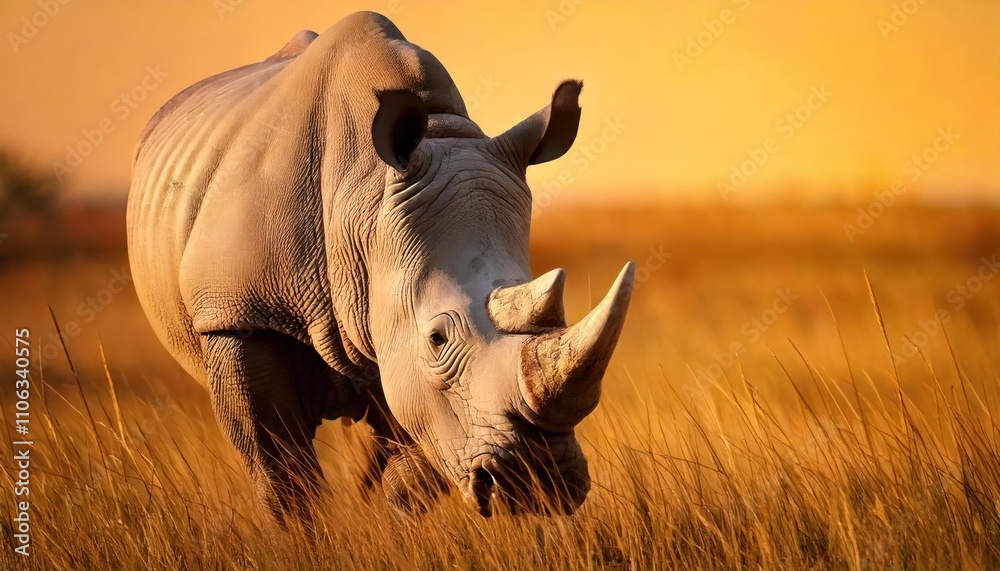 Obraz premium Majestic white rhinoceros grazing in the grasslands. 