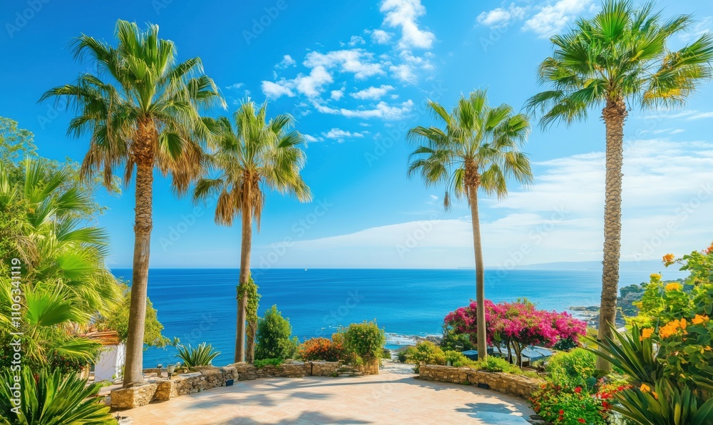 Fototapeta premium Tropical paradise view with palm trees, ocean, and vibrant flowers. Bright blue sky, serene water, lush greenery create idyllic atmosphere.