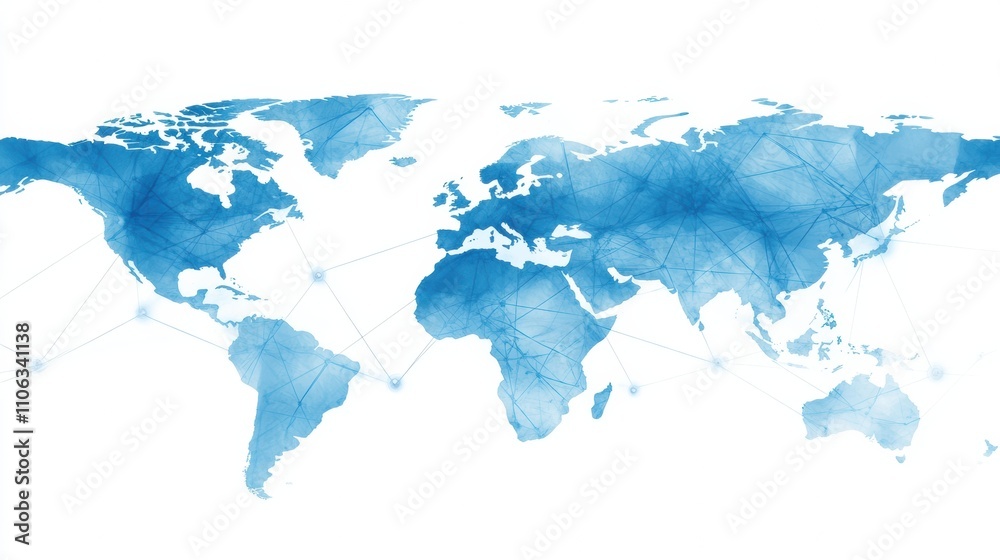 Fototapeta premium Abstract blue world map with interconnected lines and nodes, AI