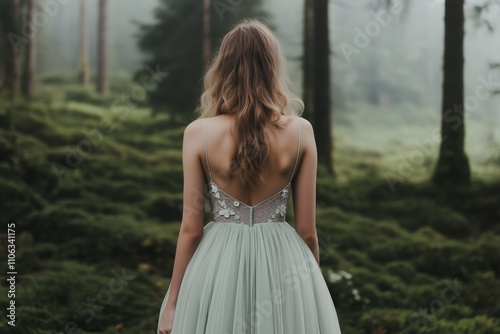 Wallpaper Mural forest fairy wedding dress, dreamy forest scene featuring a woman in an ethereal sage-green gown adorned with delicate floral embroidery Torontodigital.ca