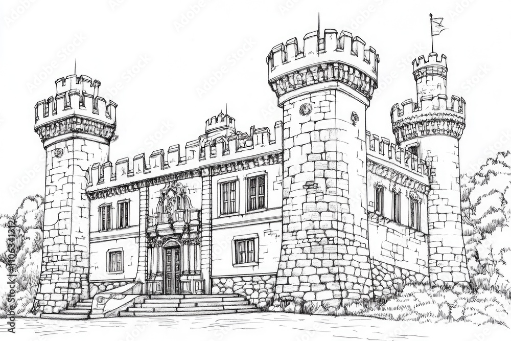 Fototapeta premium A medieval-style castle with two prominent towers, great for fantasy or historical scenes