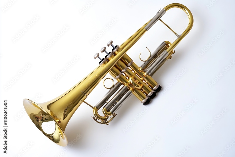 A golden trumpet sitting on a white surface, ideal for music-related compositions or as a decorative element