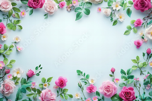 Pastel floral frame with roses and greenery on a white background, ideal for weddings, anniversaries, greeting cards, and seasonal designs