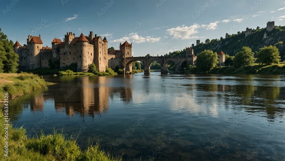 Medieval castle by the river with fishing activities under a blue sky. Medieval castle by the river with fishing activities under a blue sky.