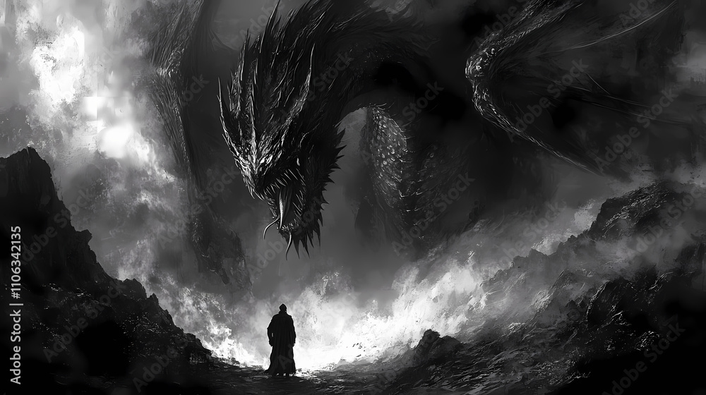 Obraz premium Illustrate a foreboding scene with an evil black dragon. Draconic. Illustration