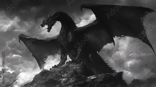 Illustrate a foreboding scene with an evil black dragon. Draconic. Illustration