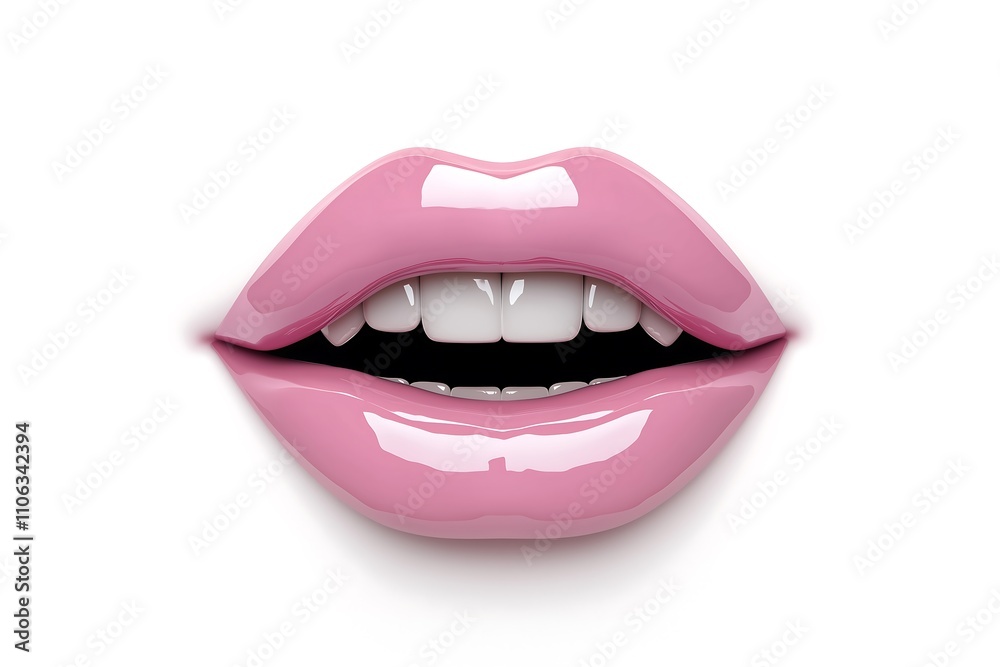 3d glossy pink lips with white teeth isolated on a white solid background.