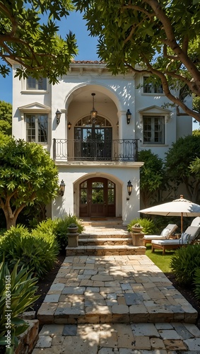 Mediterranean-inspired villa with garden, beach access in the Hamptons.