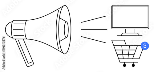 Megaphone projecting messages towards a computer monitor and a shopping cart with notification. Ideal for advertising, digital marketing, online sales, ecommerce, promotions, social media strategies