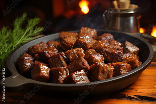 Chislic – South Dakota Deep-Fried Meat Cubes Served in Cast Iron Skillet