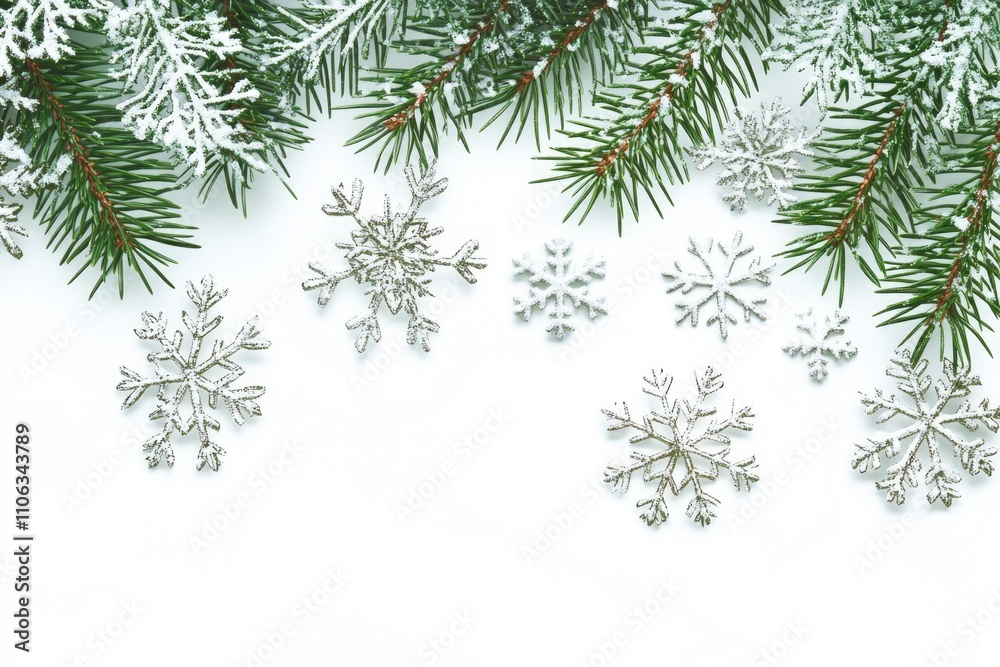 A cluster of snowflakes perched on a pine tree branch, surrounded by winter scenery A cluster of snowflakes perched on a pine tree branch, surrounded by winter scenery