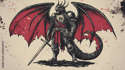 Medieval mythical draconic knight. Draconic. Illustration photo