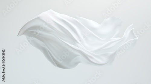 A white satin cloth floating in the air on white solid background, waving fabric, minimalist.