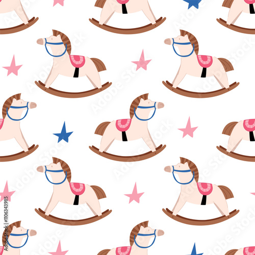 A cute seamless pattern with a rocking horse. Adorable baby print with a toy animal and pink and blue stars.