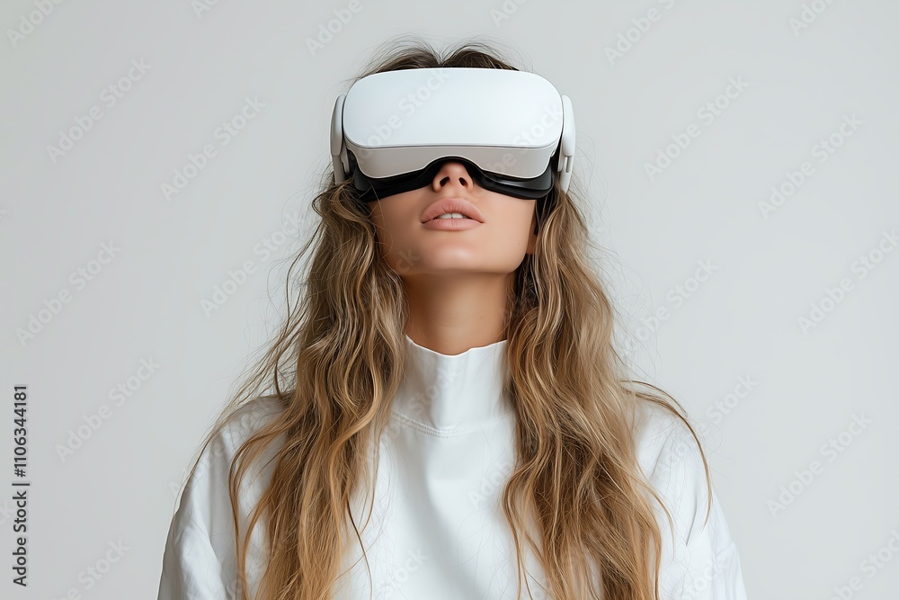A young blond woman in white clothes in VR headset on white background. A young blond woman in white clothes in VR headset on white background.