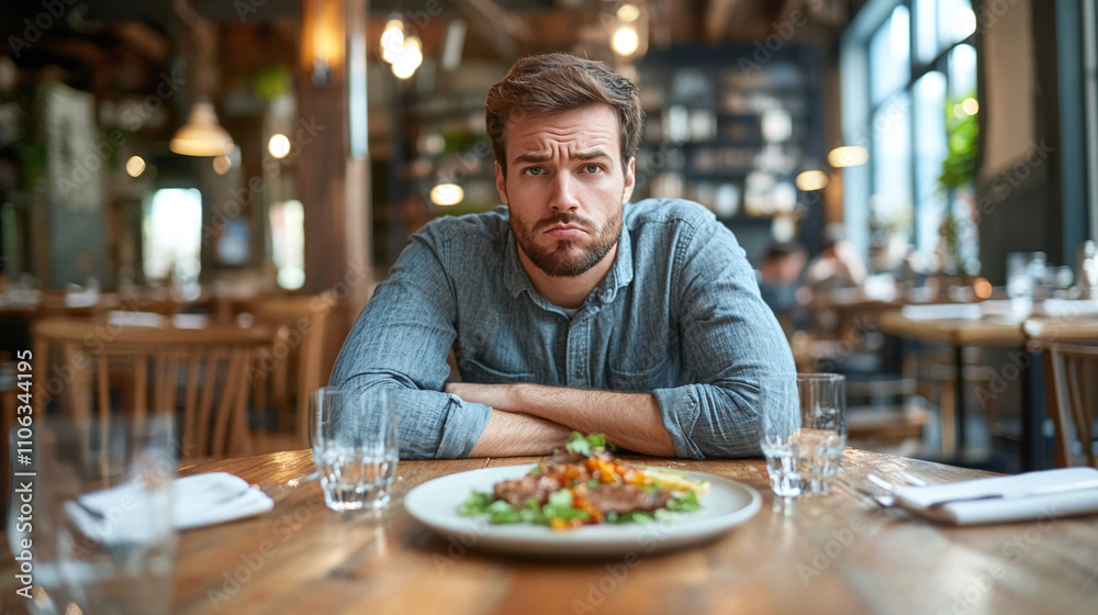 Man sitting at restaurant table, plate of meal in front of him, bad food taste, unhappy displeased customer, dissatisfied with service, negative disgust face expression. Man sitting at restaurant table, plate of meal in front of him, bad food taste, unhappy displeased customer, dissatisfied with service, negative disgust face expression.