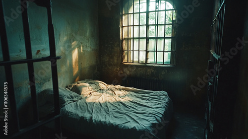 Nobody in empty prison or jail cell interior with bed and window, iron bars. law and justice punishment for criminal, security lockup cage, freedom, dark. photo