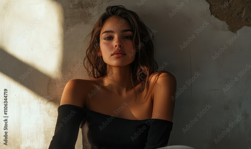 Woman in an off-shoulder top seated with a neutral expression, embracing minimalistic style Woman in an off-shoulder top seated with a neutral expression, embracing minimalistic style