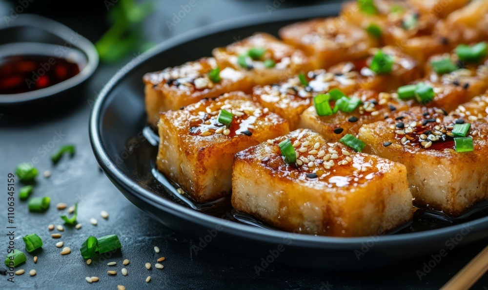 Chinese lunar new year food concept, turnip radish cake, local cuisine in restaurant with soy sauce, closeup, copy space Chinese lunar new year food concept, turnip radish cake, local cuisine in restaurant with soy sauce, closeup, copy space