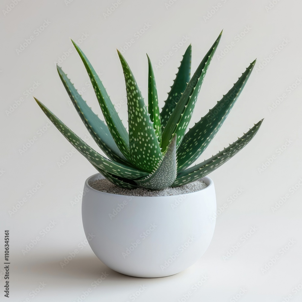 An aloe vera plant with white speckles on its leaves sits in a white pot against a light background. An aloe vera plant with white speckles on its leaves sits in a white pot against a light background.