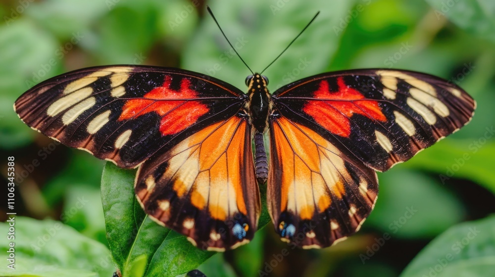 Fototapeta premium A small butterfly perched on a green leaf, its wings spread out