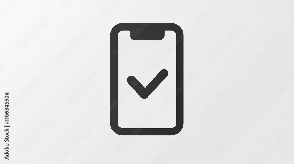 Minimalistic smartphone icon with a checkmark in a gray frame on a white background Minimalistic smartphone icon with a checkmark in a gray frame on a white background