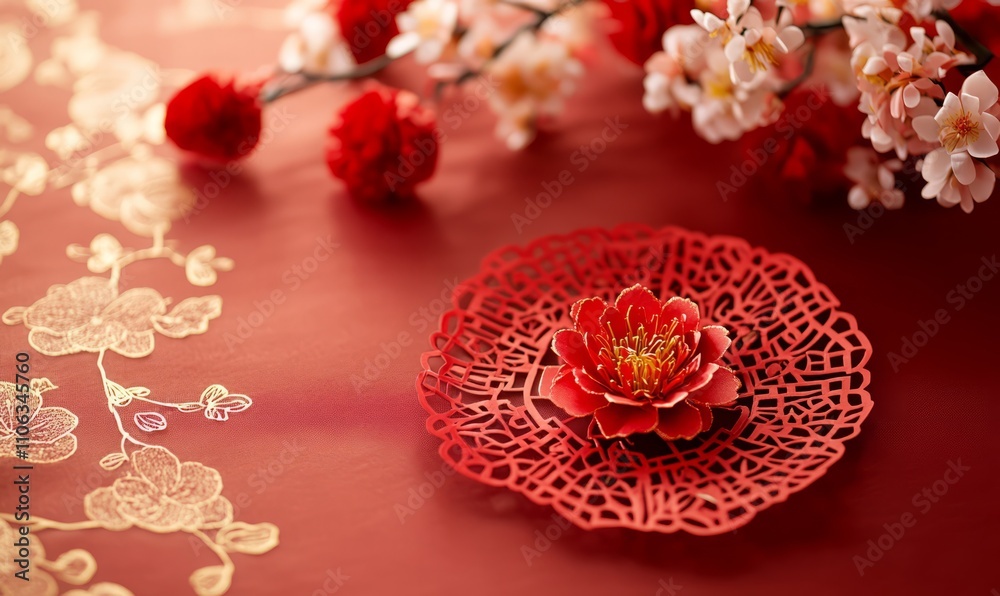 Obraz premium Chinese new year podium, Chinese festivals, Mid Autumn Festival, with red paper cut, flower, and Asian elements on the background