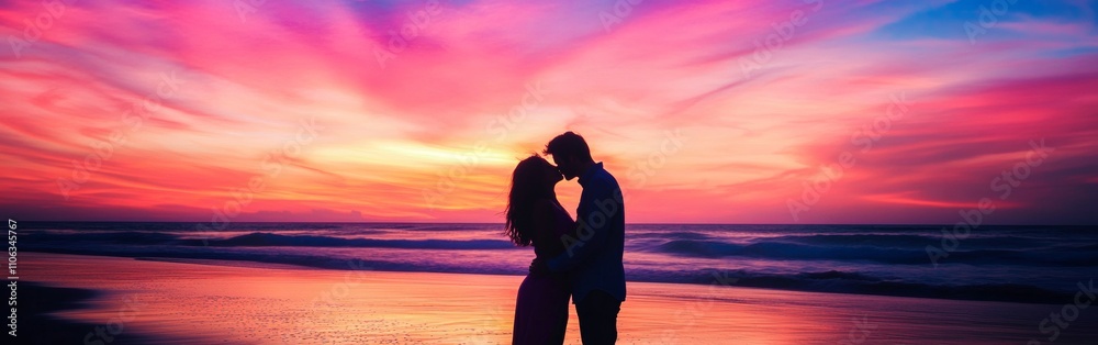 A couple stands together on the shore, sharing a tender kiss as the sun sets. The sky is filled with stunning hues of pink, orange, and purple, reflecting off the water A couple stands together on the shore, sharing a tender kiss as the sun sets. The sky is filled with stunning hues of pink, orange, and purple, reflecting off the water