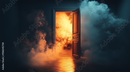 An open door leads to an empty room with smoke and mystical lightning.