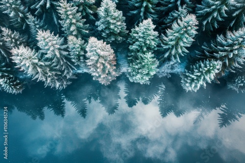 Stunning aerial perspective of a snow covered forest surrounding a frozen lake in winter