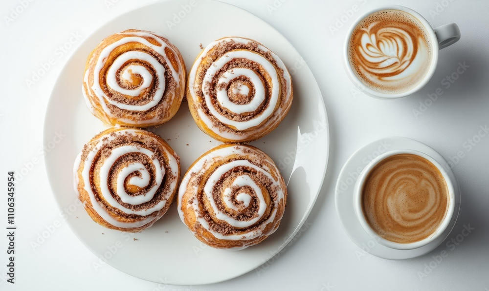 Cinnamon rolls and coffee latte on a white plate isolated on white background. Perfect for breakfast or cozy coffee shop vibes