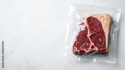 Raw meat in transparent plastic packaging on white background.