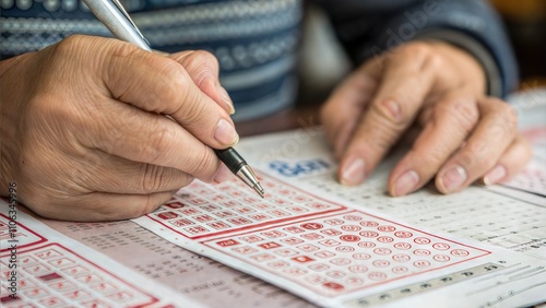 Person's hands filling up lottery numbers closeup