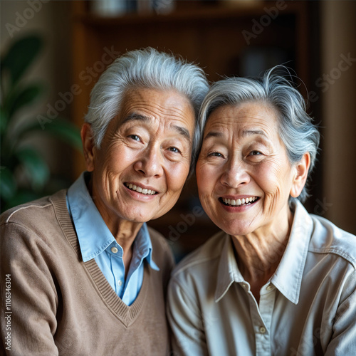 An elderly couple poses smiling in the picture.
