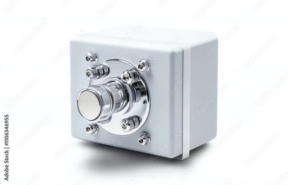 A modern, sleek electronic device featuring a metallic control knob and a minimalist white casing, ideal for various technological applications and commercial environments. A modern, sleek electronic device featuring a metallic control knob and a minimalist white casing, ideal for various technological applications and commercial environments.