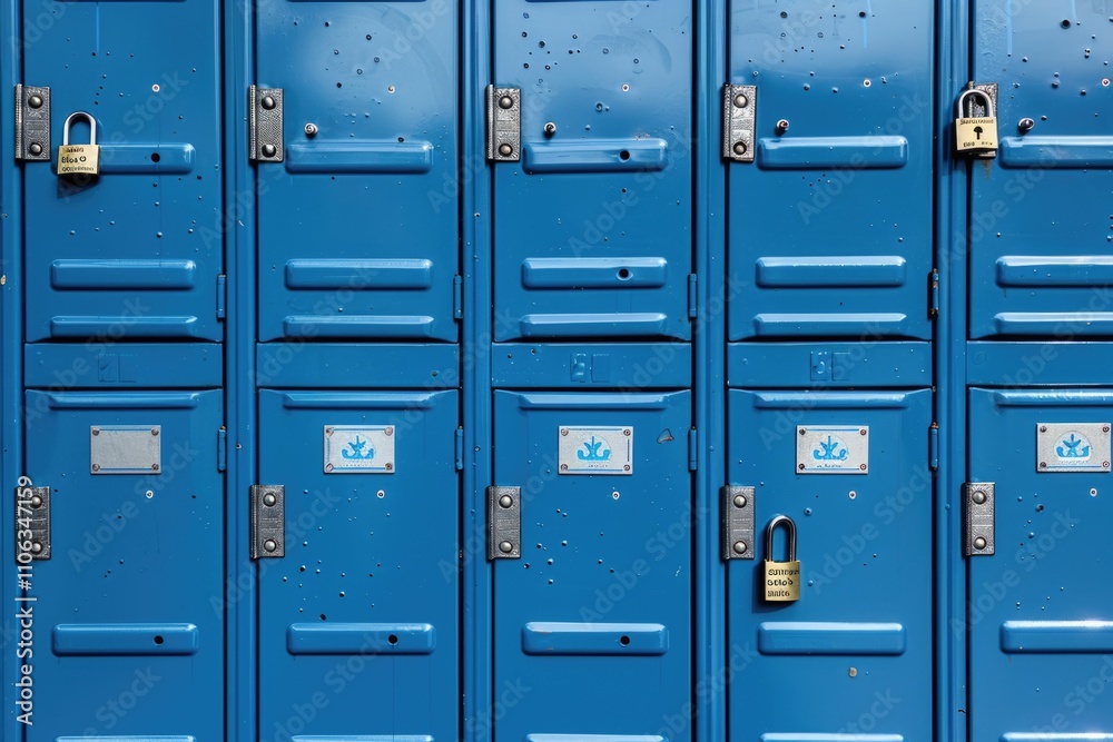 A group of blue lockers with locks in various states, including open and closed A group of blue lockers with locks in various states, including open and closed