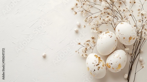 White Ester eggs ornate with golden paint with spring flowers on white background, flat lay view, copy space.