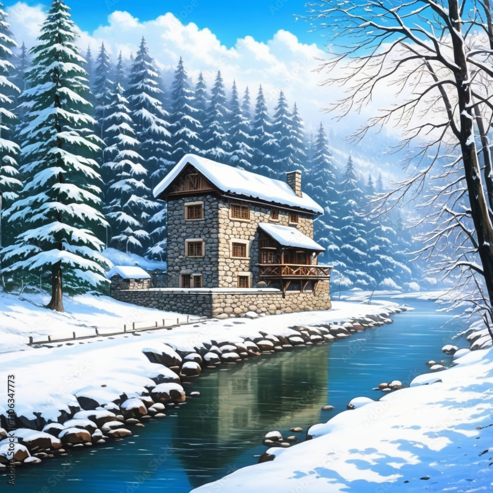 Fototapeta premium cartoon photo, beautiful stone house by the river in the forest, close up, winter
