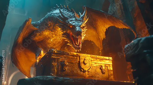 Fearsome draconic guardian defending resplendent gilded coffer in fantastical castle keep. Draconic. Illustration photo