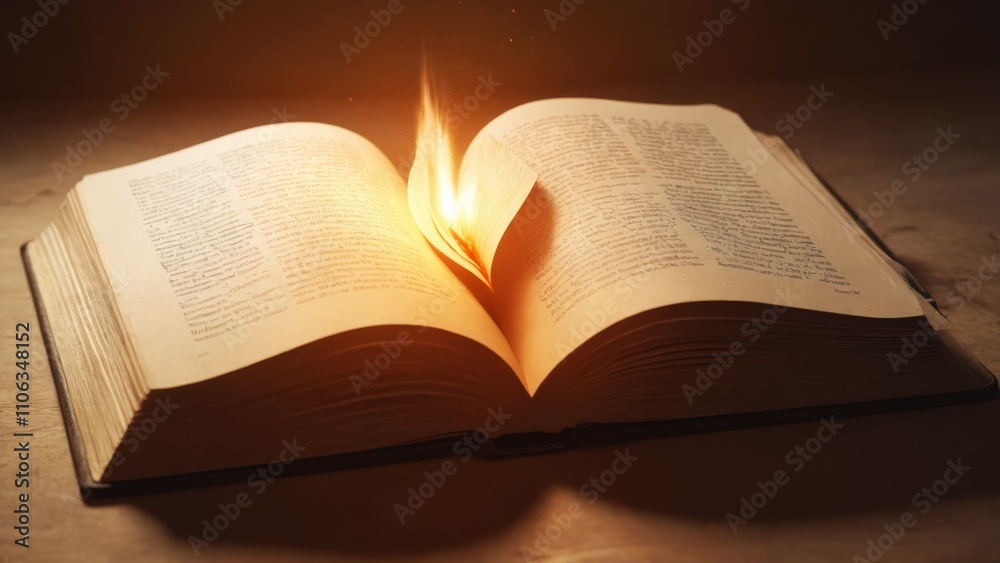 Obraz premium A beautifully illuminated book opens wide, revealing pages with wisdom under a radiant sunrise