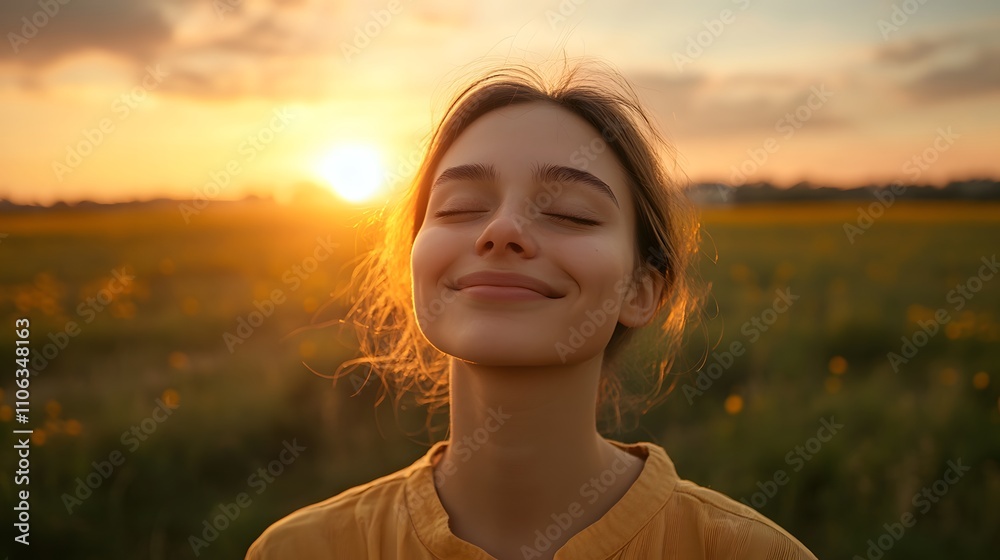 backlit portrait of calm happy smiling free woman with closed eyes enjoys a beautiful moment life on the fields at sunset,photography backlit portrait of calm happy smiling free woman with closed eyes enjoys a beautiful moment life on the fields at sunset,photography