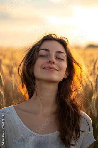 backlit portrait of calm happy smiling free woman with closed eyes enjoys a beautiful moment life on the fields at sunset,photography