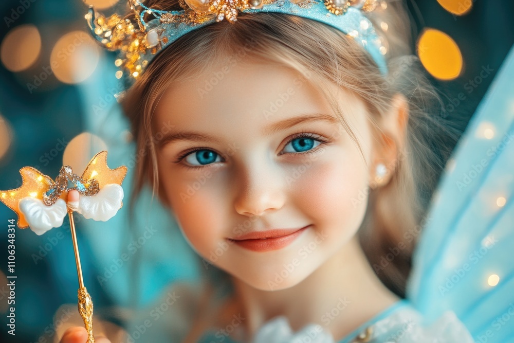 A young child dressed in fairy costume holds a magical wand, suitable for fantasy or imaginative play scenarios
