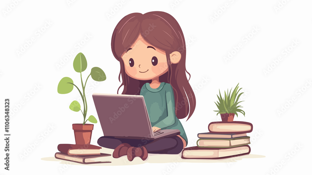 Online Education: Student Girl Studying with Laptop and Books Online Education: Student Girl Studying with Laptop and Books