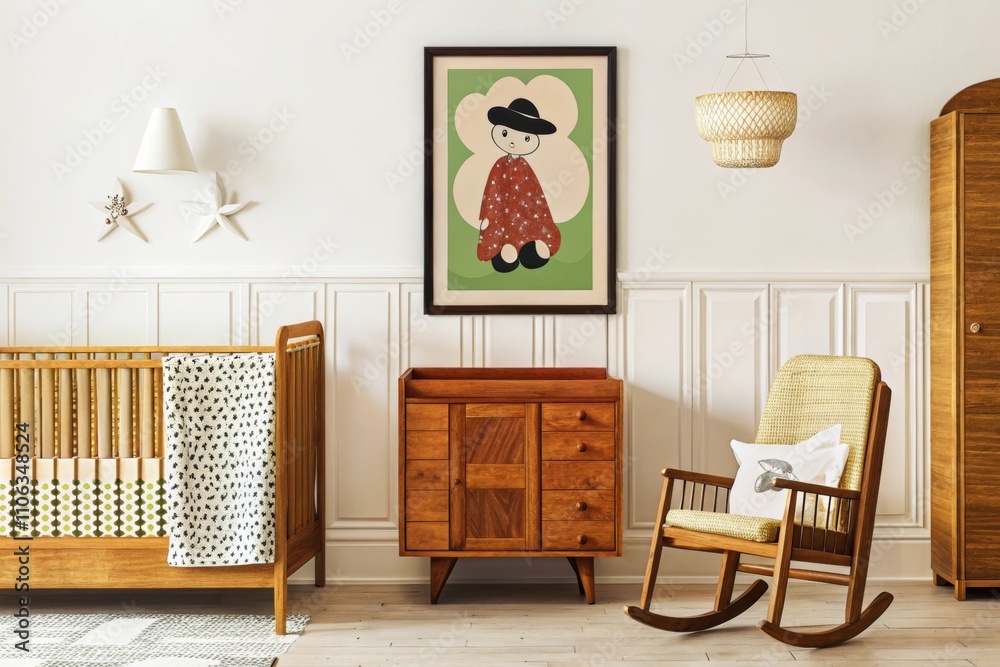 Fototapeta premium Vintage inspired photograph of a nursery with a framed poster, aged wooden furniture and classic baby accessories, soft, warm light creating a retro feel