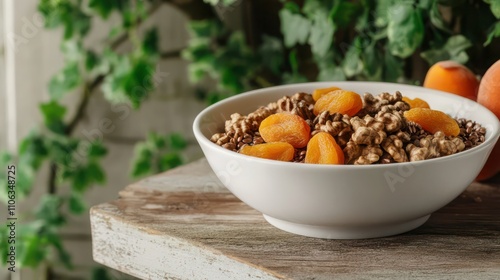 A white bowl filled with organic walnuts, dried apricots, and flaxseeds on a rustic kitchen shelf, with a softly blurred ivy wall. photo