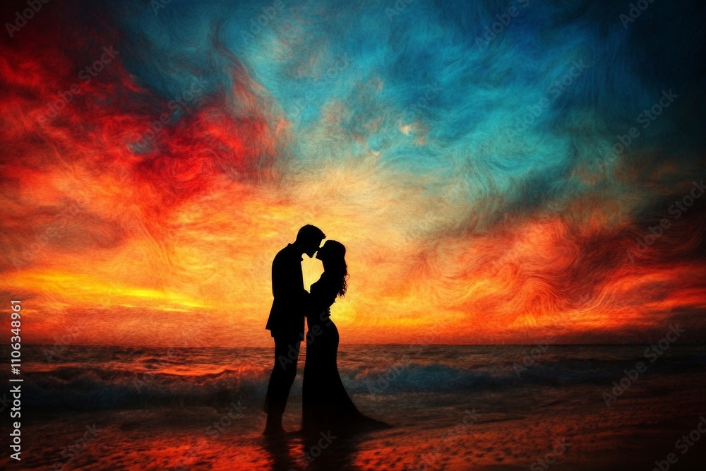 A couple stands embraced on the beach, silhouetted against a stunning sunset. The colorful sky features shades of orange, red, and blue, creating a magical atmosphere A couple stands embraced on the beach, silhouetted against a stunning sunset. The colorful sky features shades of orange, red, and blue, creating a magical atmosphere