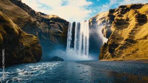 A scenic waterfall surrounded by rocky cliffs in a deep canyon