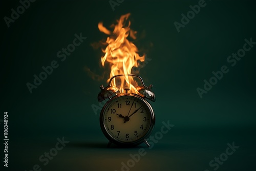 Burning classic clock on dark green background. Passing of time or wasting time concept. Timeout or deadline, urgency.